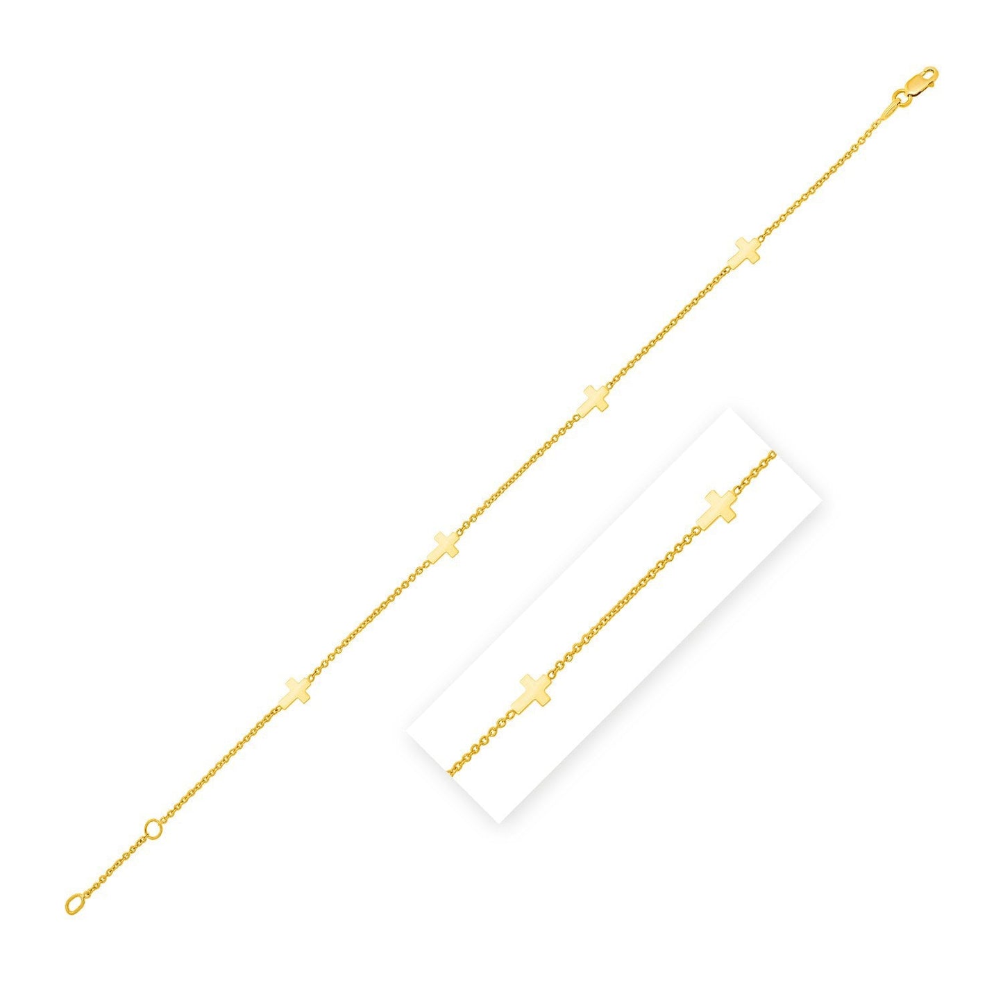 Tobillera de cruz con eslabones pulidos de oro amarillo de 14k (1.00 mm)