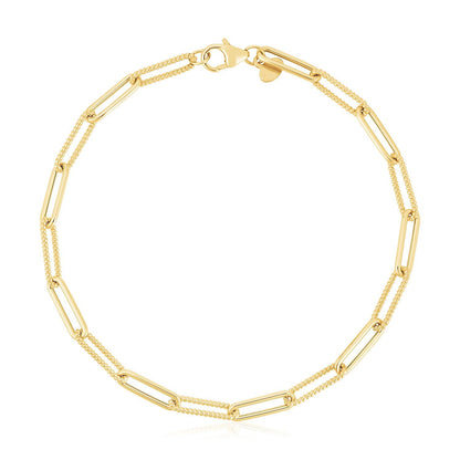 Pulsera de oro amarillo de 14k con cadena alternada de cuentas y eslabones tipo clip, pulido brillante (3.5mm)