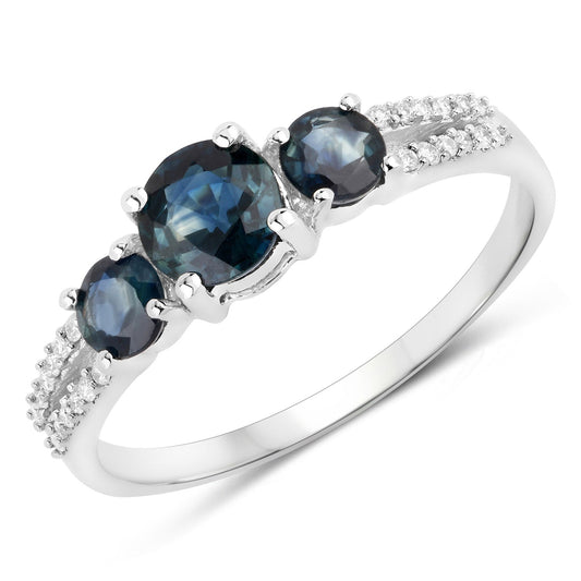 Anillo de oro blanco de 14K con zafiro azul genuino de 1,08 quilates y diamantes blancos