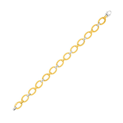 Pulsera de cadena de oro bicolor de 14k con eslabones ovalados texturizados