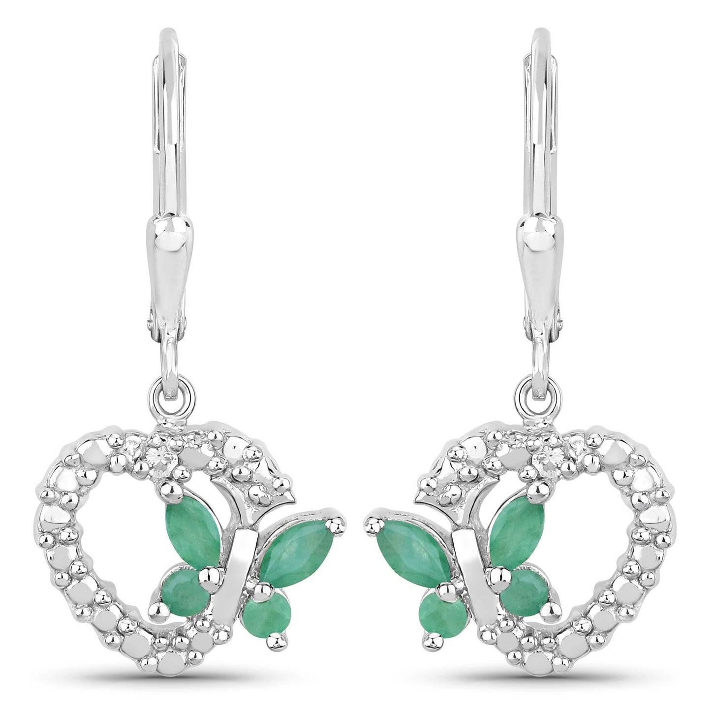 Pendientes de Plata de Ley .925 con Esmeralda Genuina de 0.44 Quilates y Zafiros Blancos Creados