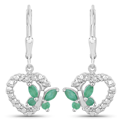 Pendientes de Plata de Ley .925 con Esmeralda Genuina de 0.44 Quilates y Zafiros Blancos Creados