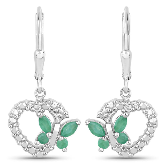 Pendientes de Plata de Ley .925 con Esmeralda Genuina de 0.44 Quilates y Zafiros Blancos Creados
