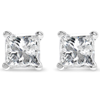Pendientes de tuerca de oro blanco de 14k con certificación AGS, 1,0 Cttw, con diamante solitario talla princesa de 4 puntas y cierre a presión para mujer (color E-F, claridad I1-I2)