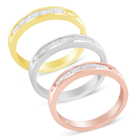 Anillo de banda apilable con engaste de canal de diamantes de 5/8 qt. en oro amarillo, blanco y rosa de 10 qt. sobre plata de ley .925 (color H-I, claridad I1-I2) - Talla 6 3/4