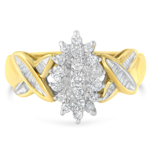 Anillo de oro amarillo de 10K con diamantes redondos y talla baguette (1/2 Cttw, color H-I, claridad I1-I2) - Talla 6