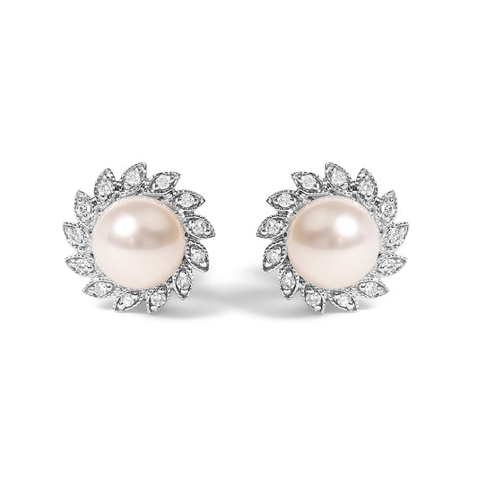 Pendientes de perlas y diamantes tipo halo de oro blanco de 10 K, estilo reliquia (color I-J, claridad I1-I2)