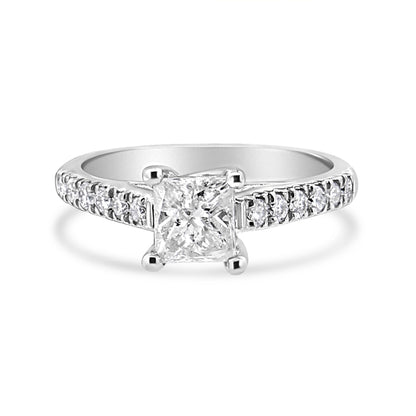 Anillo de compromiso clásico con diamante princesa engastado en 4 puntas de oro blanco de 14 quilates, 1 1/5 quilates (color I1-I2, claridad H-I), talla 7