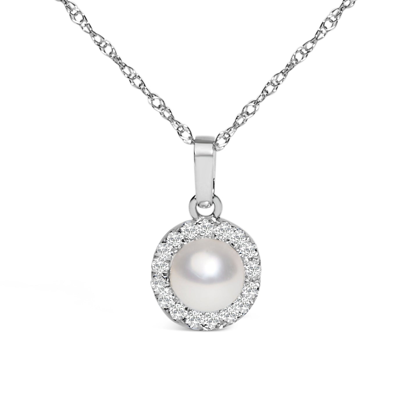 Collar con colgante de halo de oro blanco de 10 K con perla cultivada de 5 mm y acento de diamante