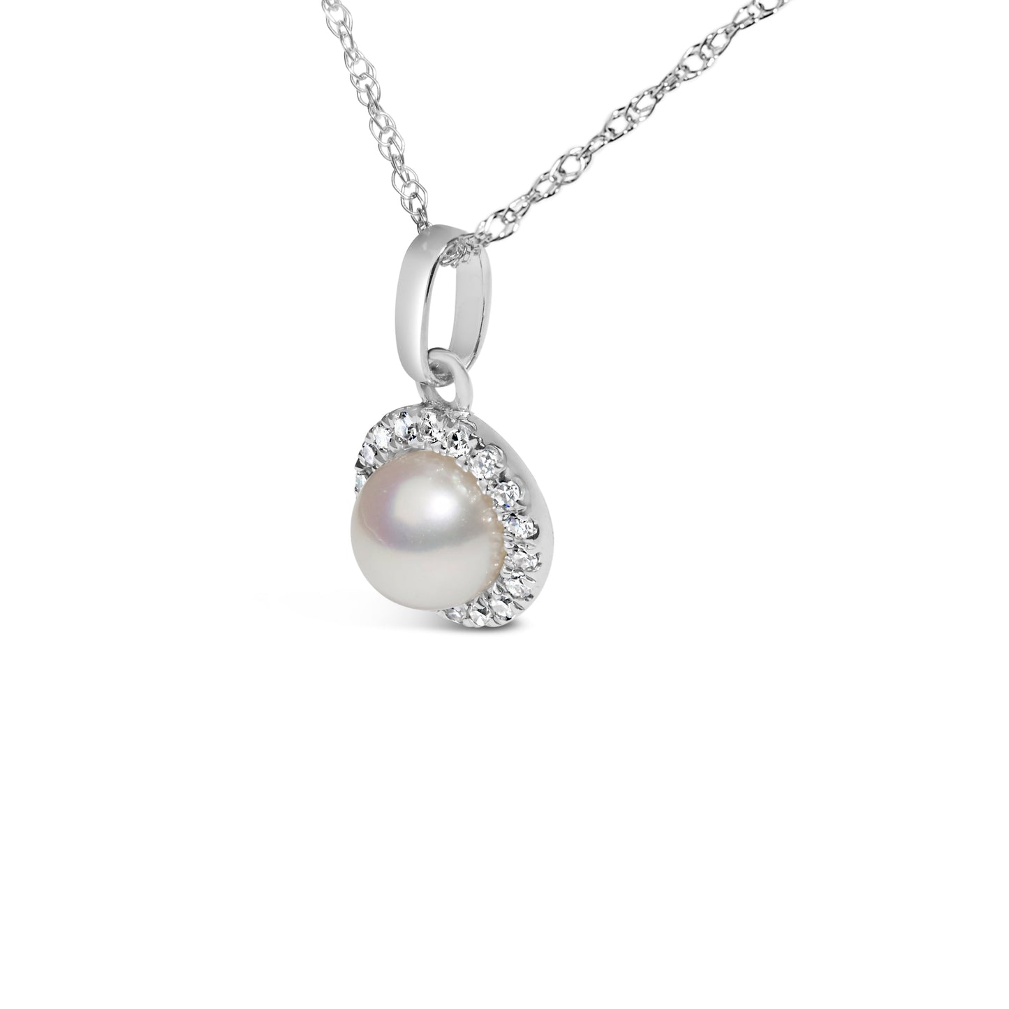 Collar con colgante de halo de oro blanco de 10 K con perla cultivada de 5 mm y acento de diamante