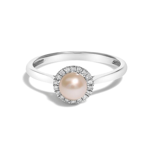 Anillo de oro blanco de 10K con perla cultivada de agua dulce de 5MM y halo de diamantes (color I-J, claridad I1-I2) - Talla de anillo 6.5