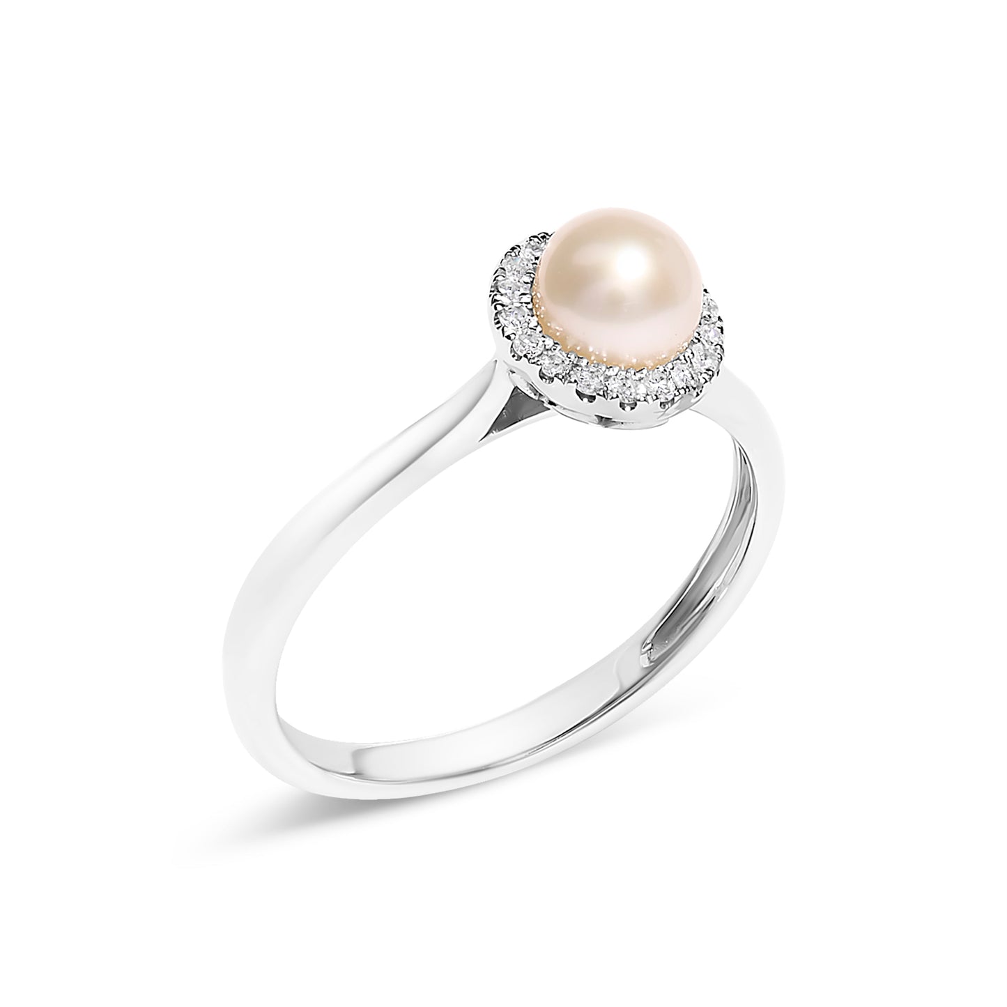 Anillo de oro blanco de 10K con perla cultivada de agua dulce de 5MM y halo de diamantes (color I-J, claridad I1-I2) - Talla de anillo 6.5