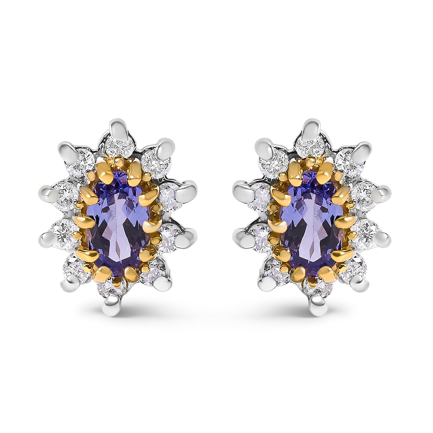 Pendientes de oro amarillo de 14 quilates con halo de diseño de rayos de sol, diamantes de 1/4 Cttw y tanzanitas azul púrpura (color K-L, claridad I1-I2)