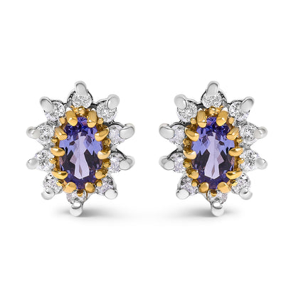 Pendientes de oro amarillo de 14 quilates con halo de diseño de rayos de sol, diamantes de 1/4 Cttw y tanzanitas azul púrpura (color K-L, claridad I1-I2)