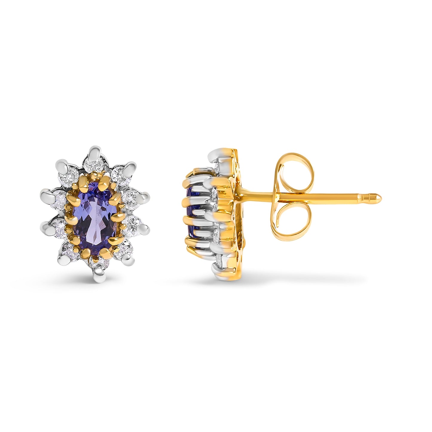 Pendientes de oro amarillo de 14 quilates con halo de diseño de rayos de sol, diamantes de 1/4 Cttw y tanzanitas azul púrpura (color K-L, claridad I1-I2)