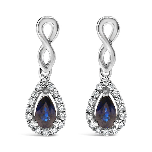 Pendientes colgantes de oro blanco de 10 qt con zafiro azul talla pera y diamantes de 1/7 Cttw (color I-J, claridad I1-I2)