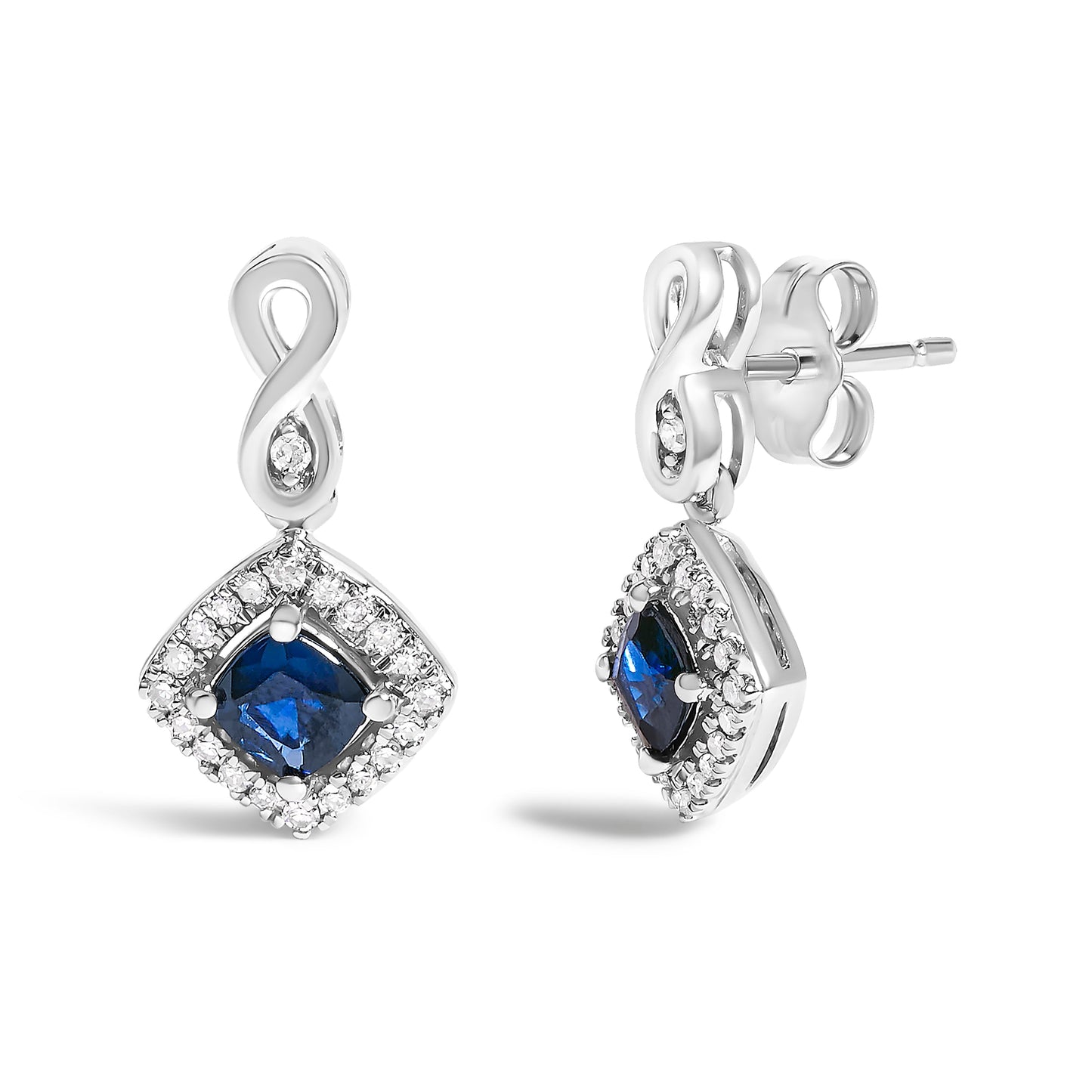 Pendientes colgantes con forma de cojín de oro blanco de 10K con zafiro azul y halo de diamantes (Color I-J, Claridad I1-I2)