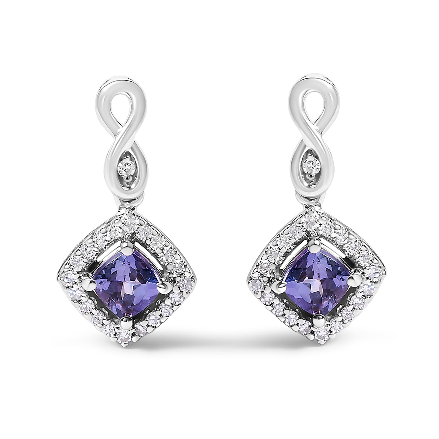 Pendientes colgantes con forma de cojín, halo de tanzanita azul-violeta y diamantes en oro blanco de 10K (color I-J, claridad I1-I2)