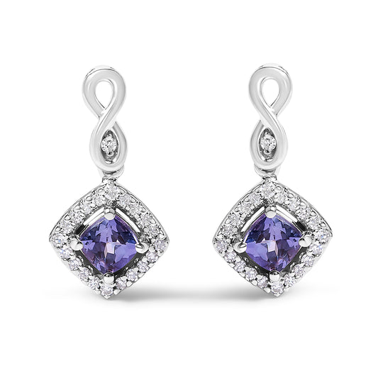 Pendientes colgantes con forma de cojín, halo de tanzanita azul-violeta y diamantes en oro blanco de 10K (color I-J, claridad I1-I2)