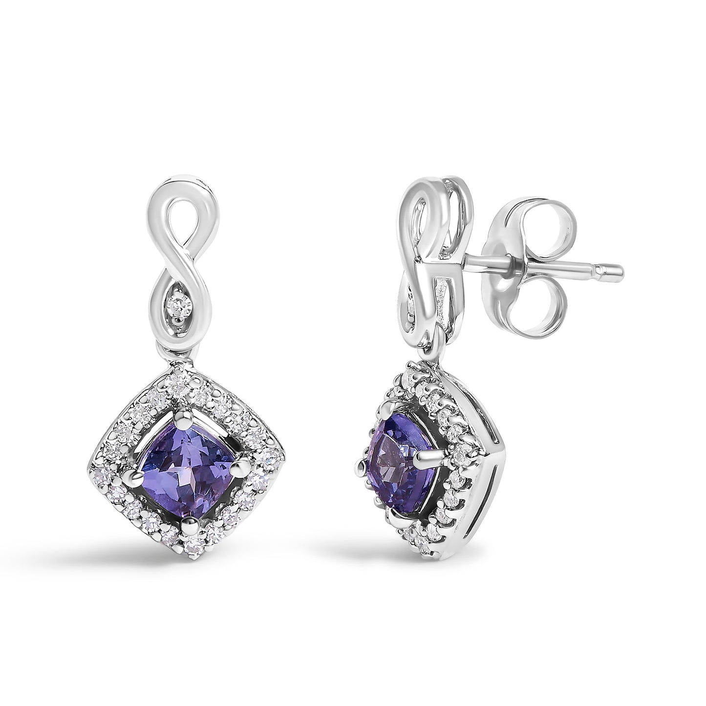 Pendientes colgantes con forma de cojín, halo de tanzanita azul-violeta y diamantes en oro blanco de 10K (color I-J, claridad I1-I2)