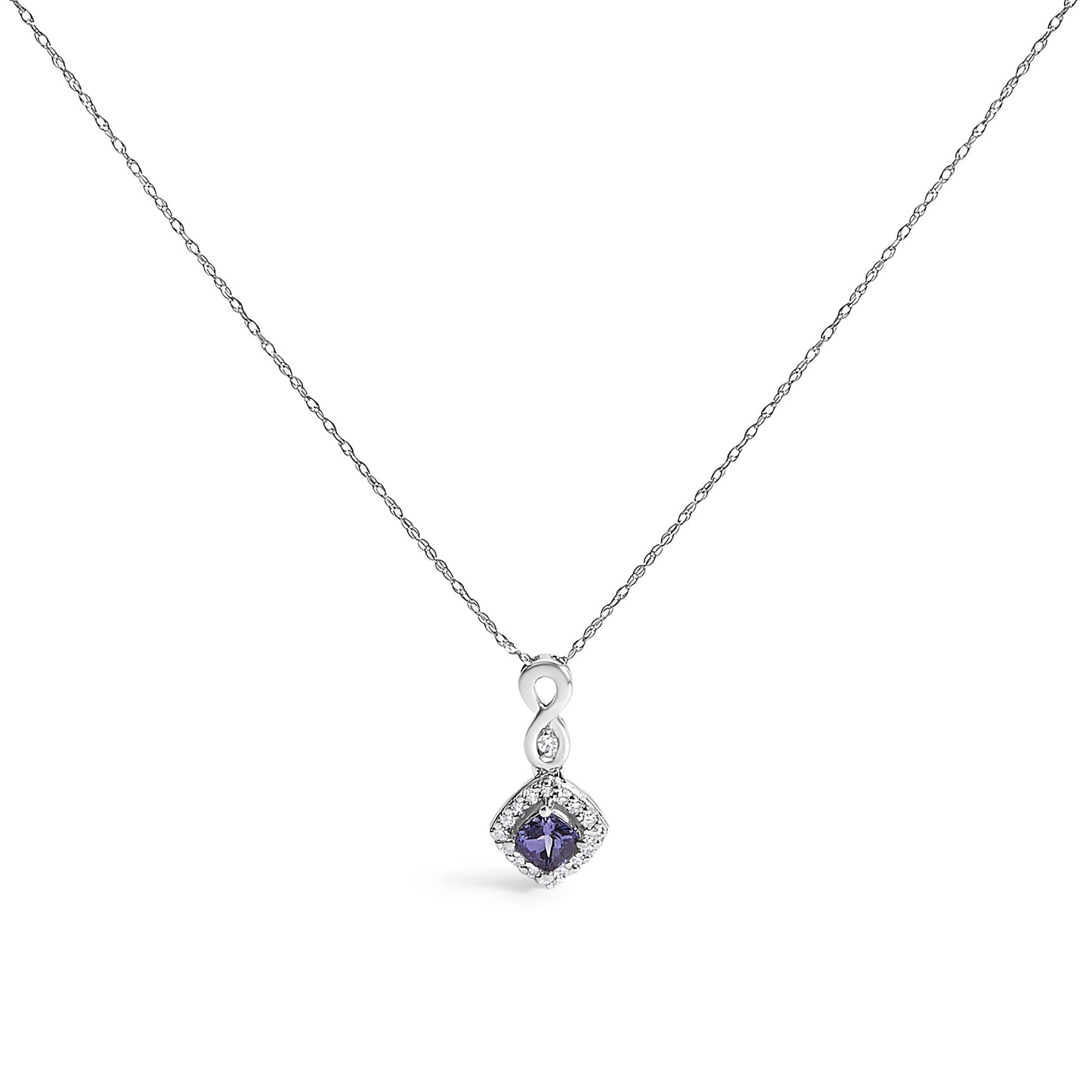 Collar con colgante de gota con cojín de tanzanita azul púrpura y acento de diamante en oro blanco de 10K - 18" pulgadas