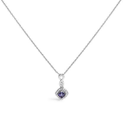 Collar con colgante de gota con cojín de tanzanita azul púrpura y acento de diamante en oro blanco de 10K - 18" pulgadas