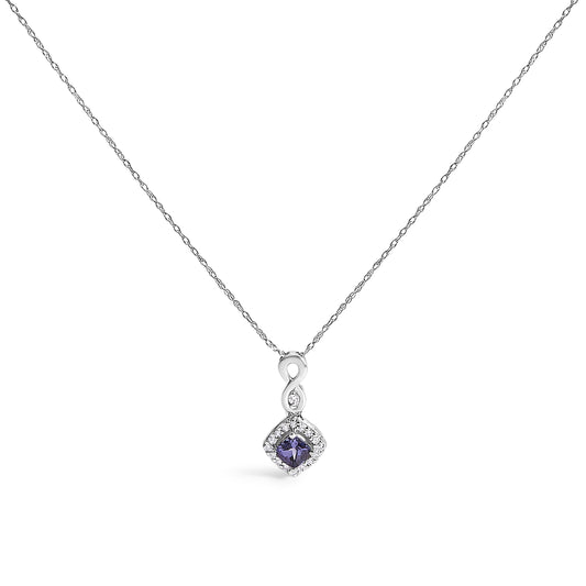 Collar con colgante de gota con cojín de tanzanita azul púrpura y acento de diamante en oro blanco de 10K - 18" pulgadas