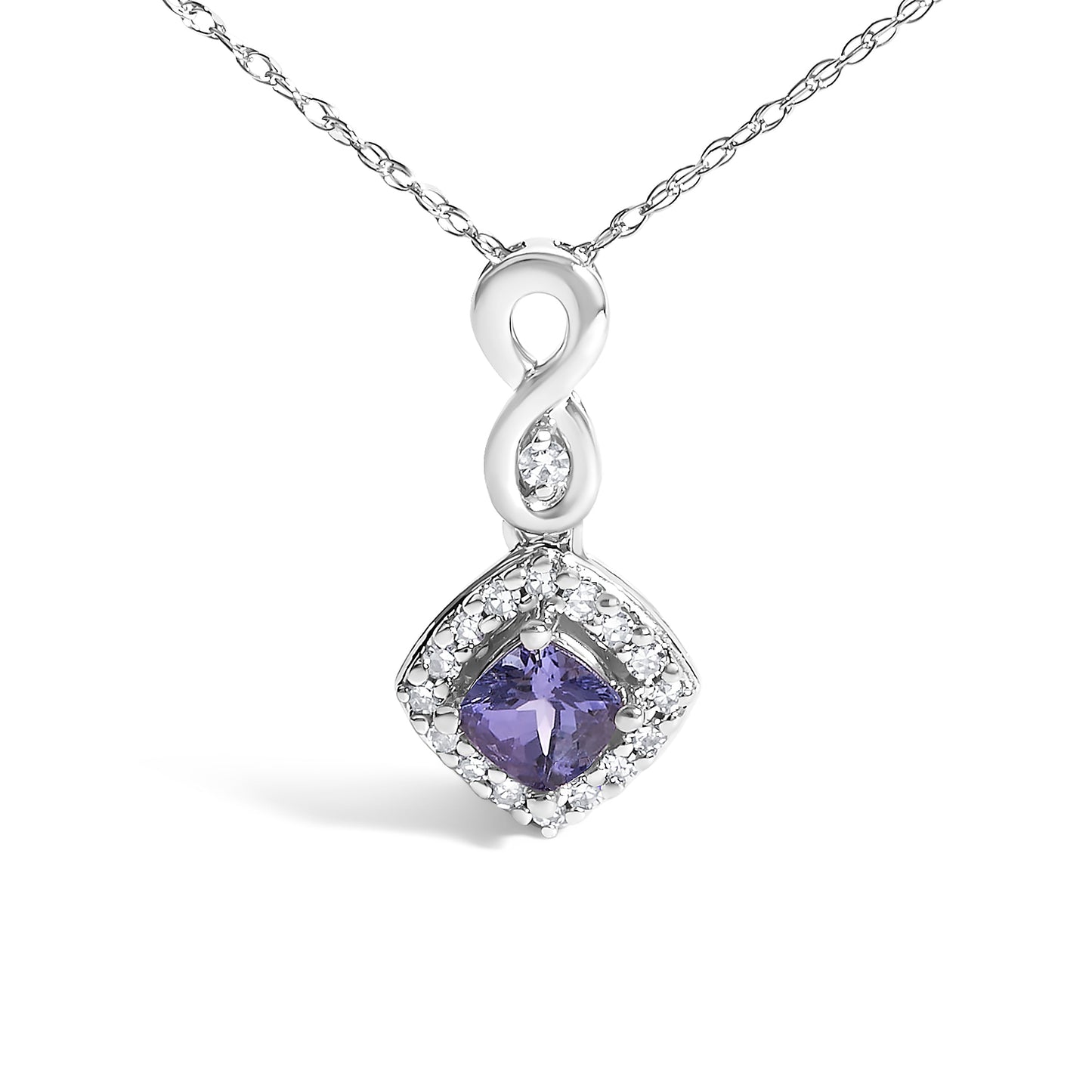 Collar con colgante de gota con cojín de tanzanita azul púrpura y acento de diamante en oro blanco de 10K - 18" pulgadas