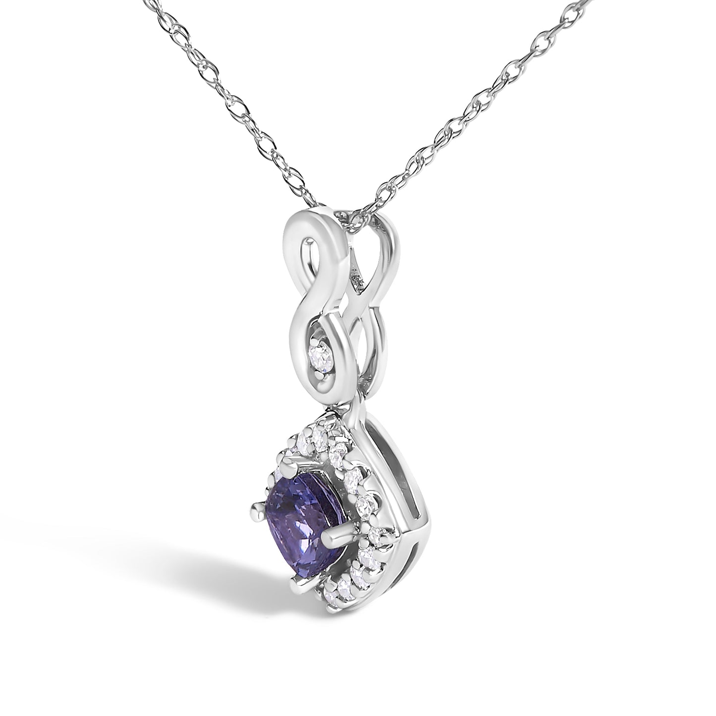 Collar con colgante de gota con cojín de tanzanita azul púrpura y acento de diamante en oro blanco de 10K - 18" pulgadas