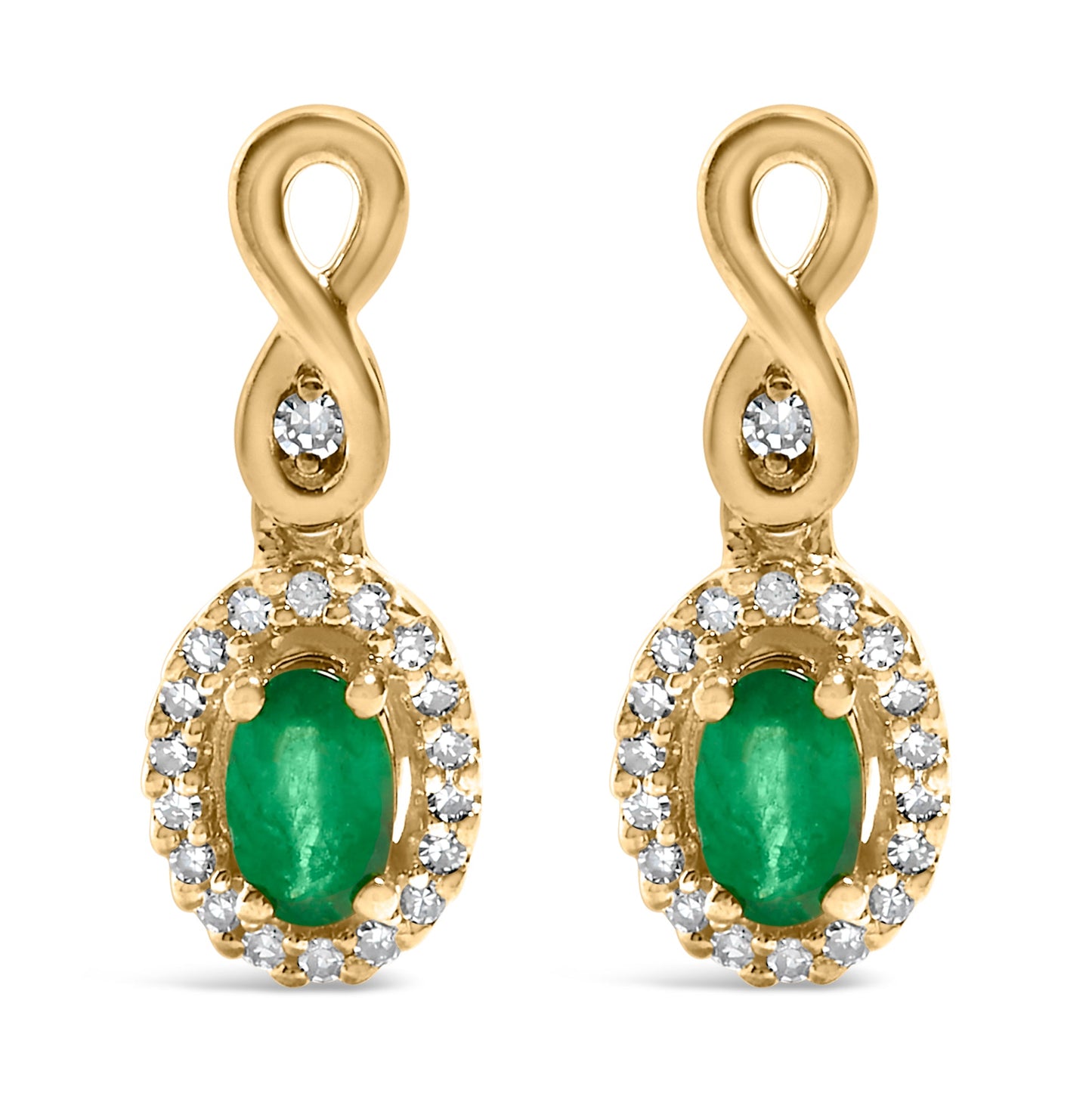 Pendientes colgantes de oro amarillo de 10K con esmeralda verde de talla ovalada de 5x3 mm y diamantes redondos de 1/7 Cttw