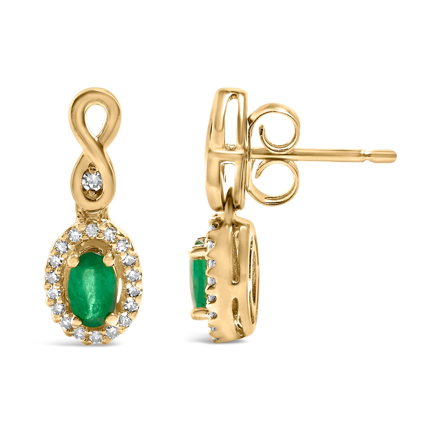 Pendientes colgantes de oro amarillo de 10K con esmeralda verde de talla ovalada de 5x3 mm y diamantes redondos de 1/7 Cttw