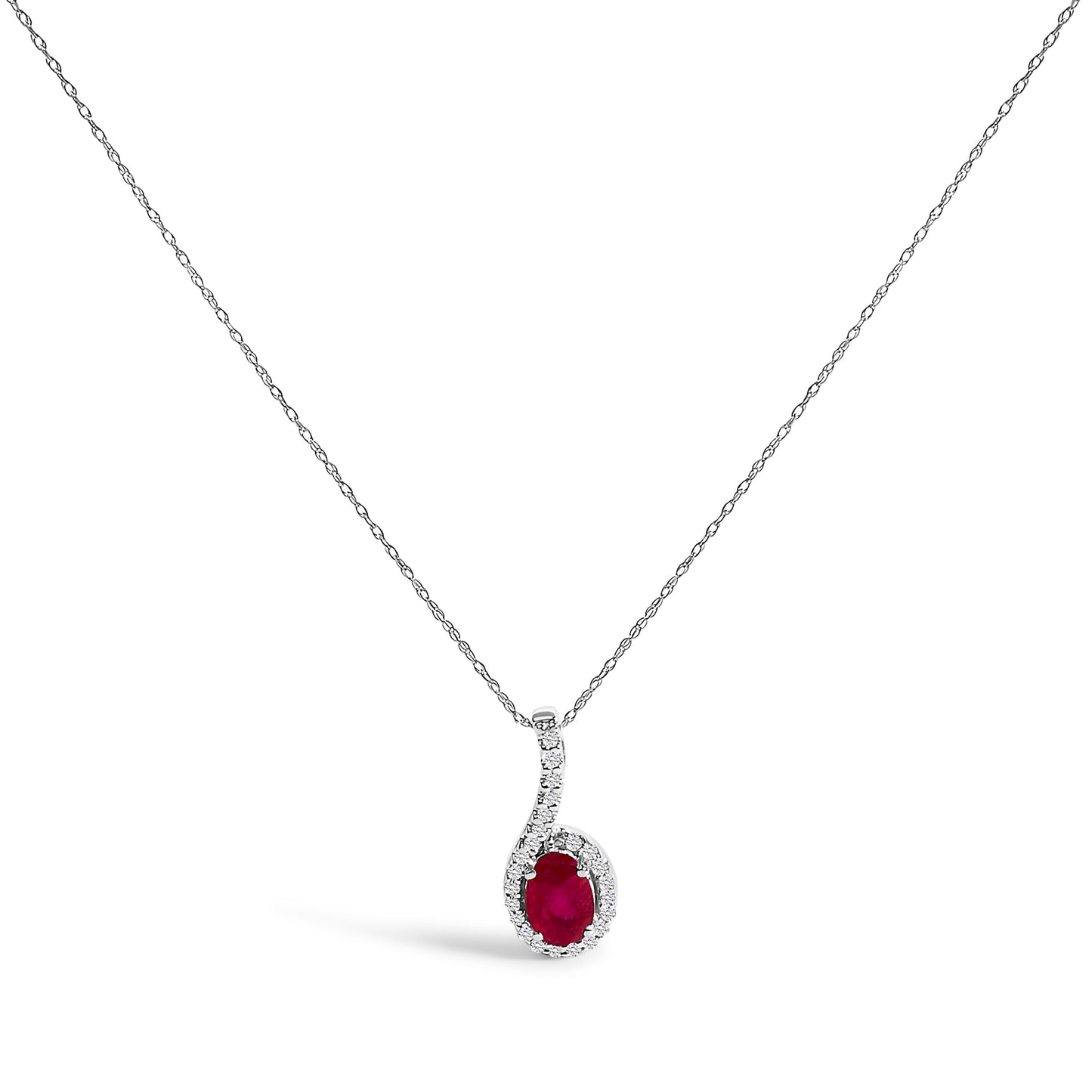 Collar con colgante de lágrima de oro blanco de 10K, rubí rojo y acento de diamante - 18 pulgadas