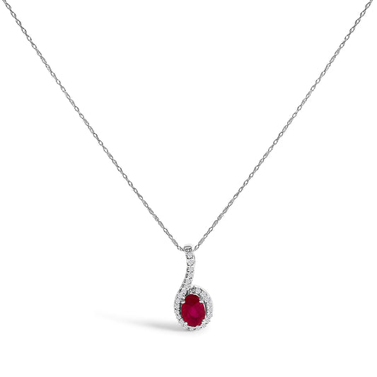 Collar con colgante de lágrima de oro blanco de 10K, rubí rojo y acento de diamante - 18 pulgadas