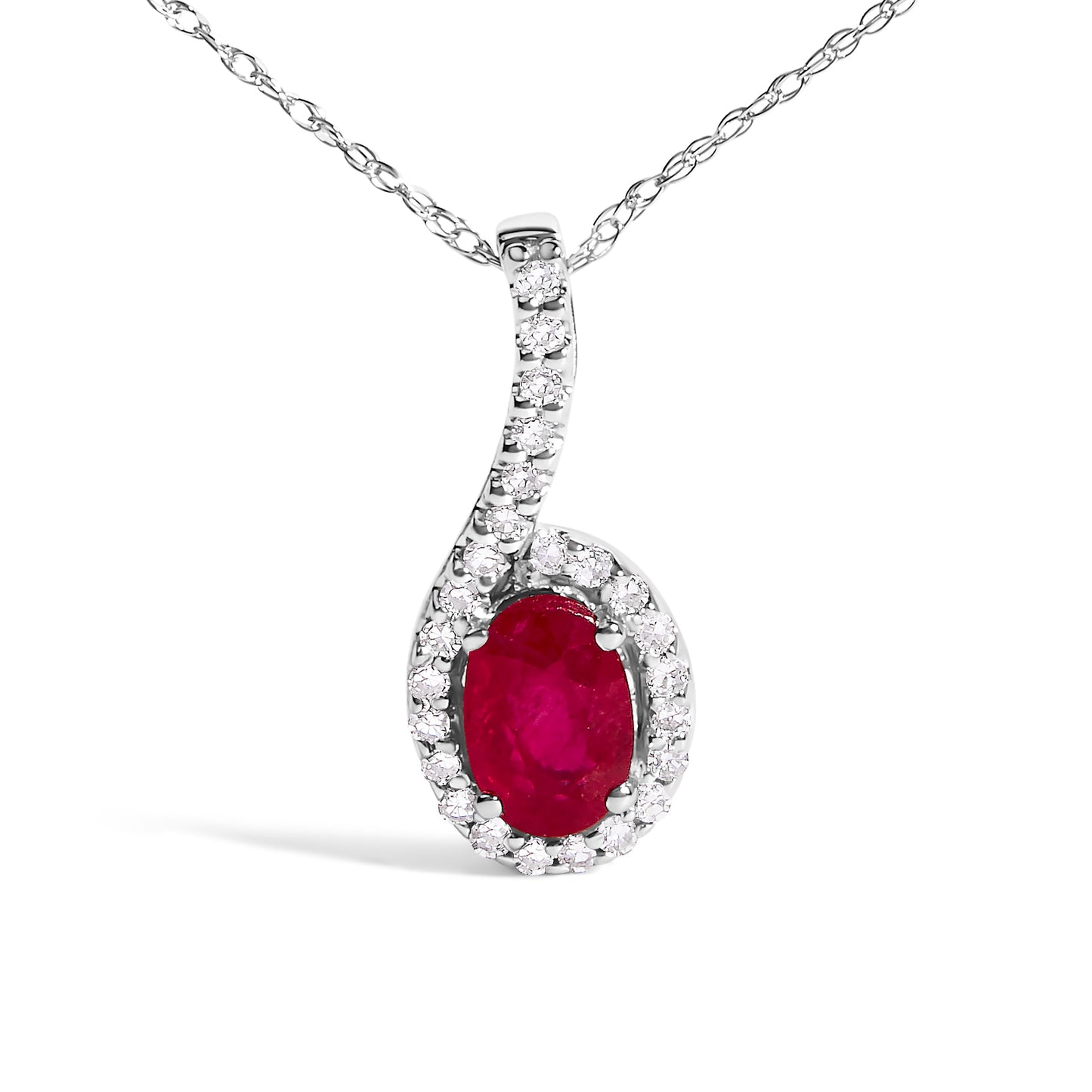 Collar con colgante de lágrima de oro blanco de 10K, rubí rojo y acento de diamante - 18 pulgadas