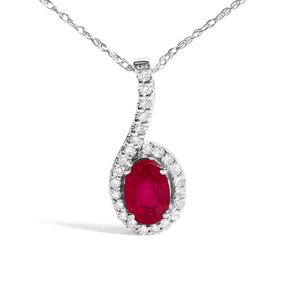 Collar con colgante de lágrima de oro blanco de 10K, rubí rojo y acento de diamante - 18 pulgadas