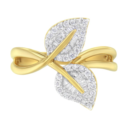 Anillo de cóctel de oro amarillo de 10 qt con diamantes redondos y talla baguette de 3/8 qt en forma de hoja - Talla 7 (color I-J, claridad I1-I2)