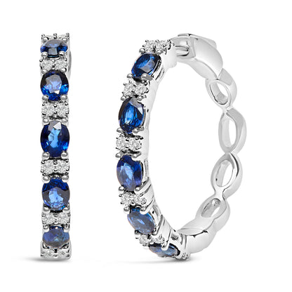 Pendientes de aro alternos de oro blanco de 14 quilates con zafiro azul ovalado de 4x3 mm y diamante de 1/4 Cttw (color I-J, claridad SI2-I1)