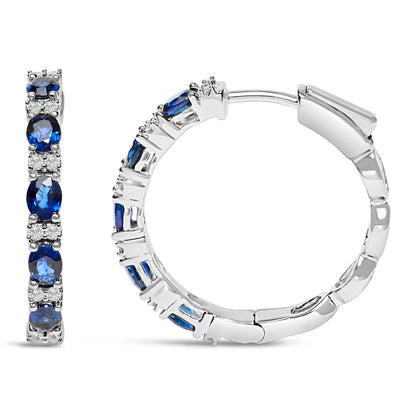 Pendientes de aro alternos de oro blanco de 14 quilates con zafiro azul ovalado de 4x3 mm y diamante de 1/4 Cttw (color I-J, claridad SI2-I1)