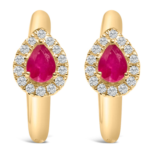 Pendientes de aro de oro amarillo de 10 quilates con rubí rojo talla pera de 4x3 mm y diamantes redondos de 1/10 quilates (color I-J, claridad I1-I2)
