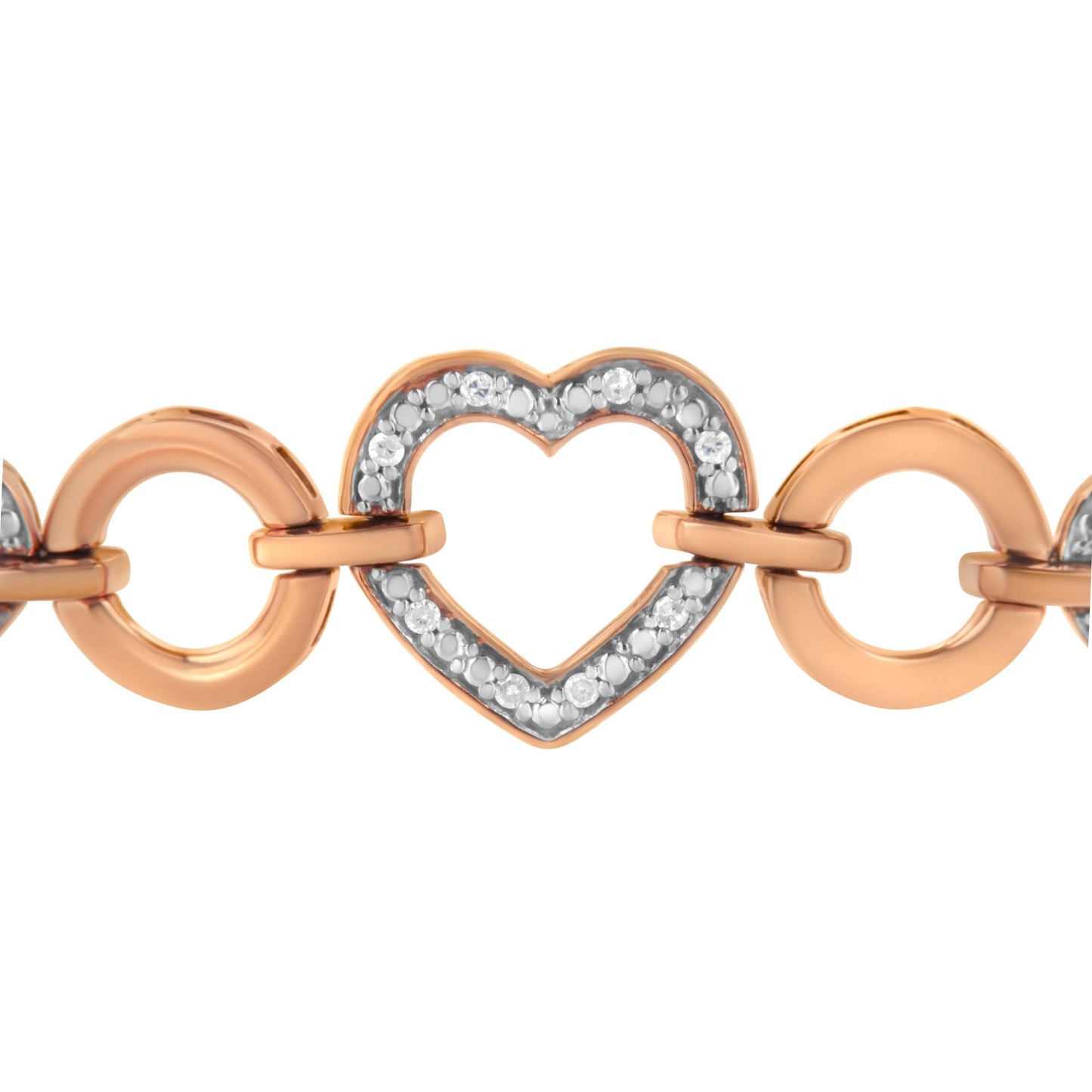 Pulsera ajustable tipo bolo con eslabones de corazón y diamantes redondos de 1/10 Cttw de oro rosa de 10K sobre plata de ley .925 (color H-I, claridad I2-I3) - 6"-9" ajustable