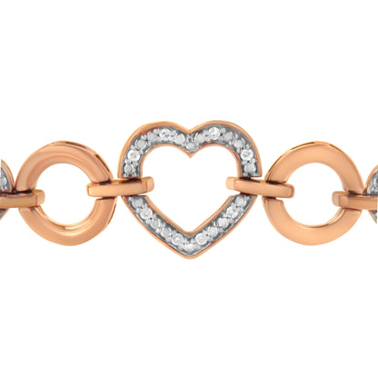 Pulsera ajustable tipo bolo con eslabones de corazón y diamantes redondos de 1/10 Cttw de oro rosa de 10K sobre plata de ley .925 (color H-I, claridad I2-I3) - 6"-9" ajustable