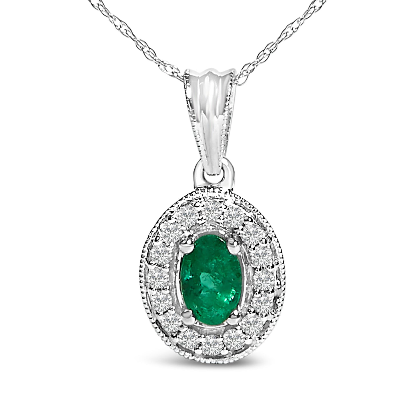 Collar con colgante de halo de esmeralda verde ovalada de 6x4 mm y diamantes en oro blanco de 14 quilates - 45 cm