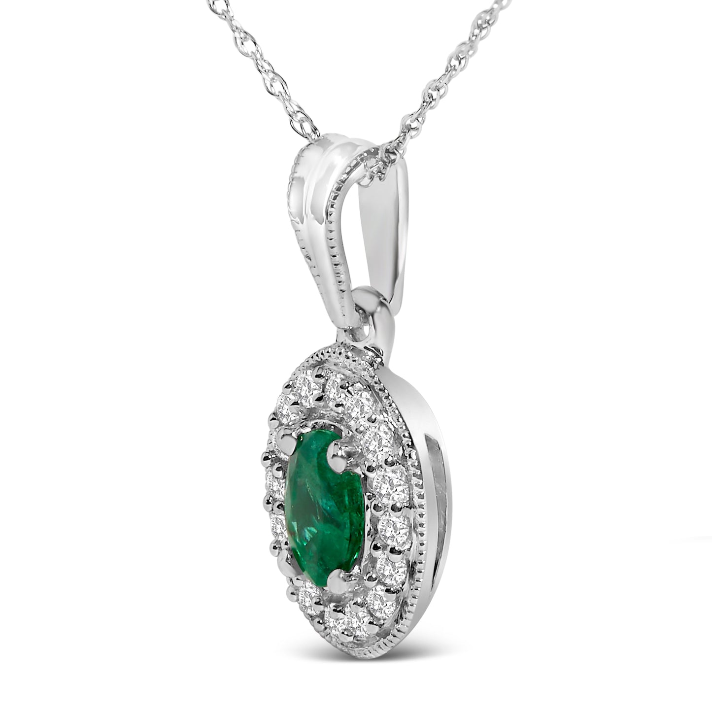 Collar con colgante de halo de esmeralda verde ovalada de 6x4 mm y diamantes en oro blanco de 14 quilates - 45 cm