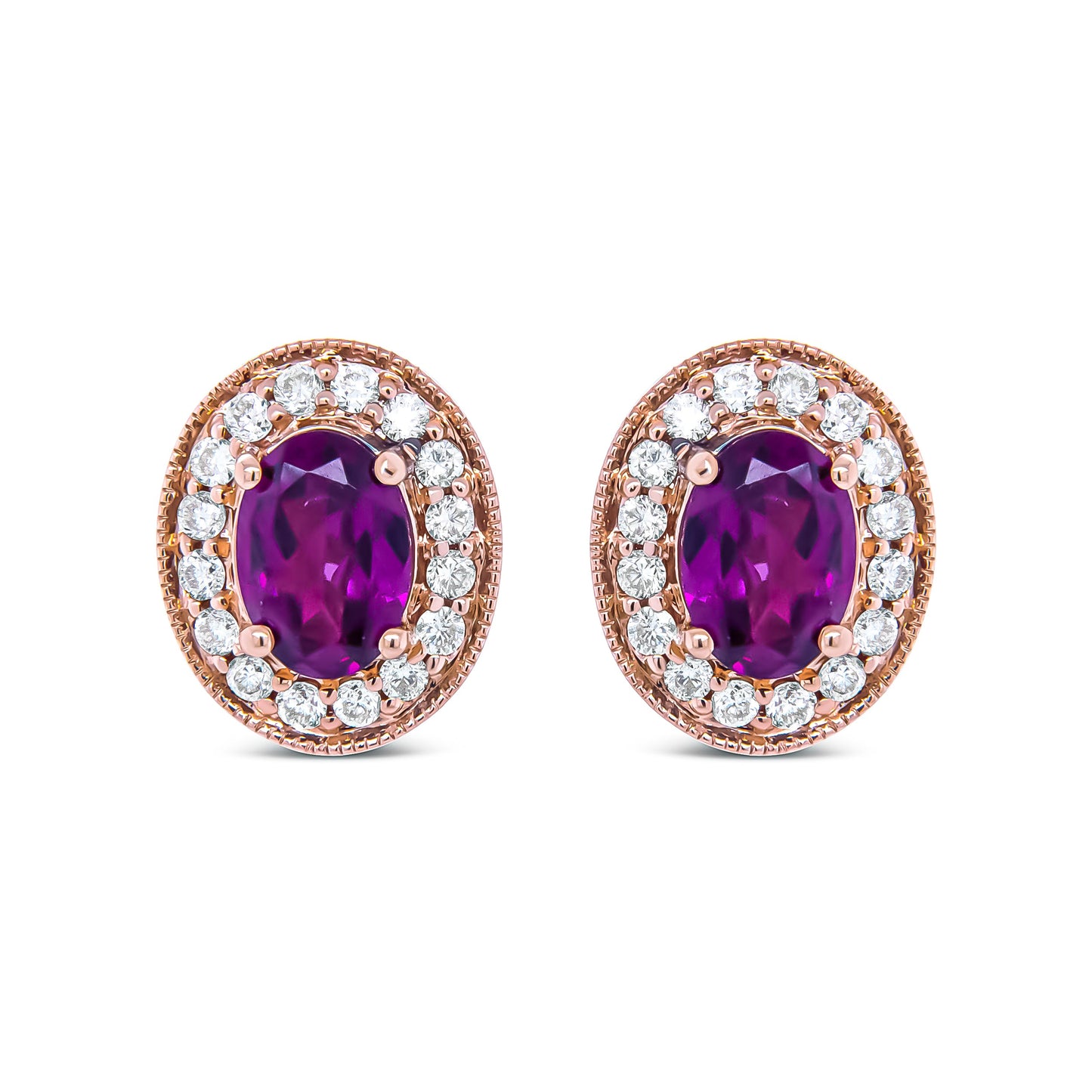 Pendientes de halo de oro rosa de 14 quilates con granate talla oval de 7x5 mm y diamantes redondos de 3/8 quilates (color G-H, claridad SI1-SI2)