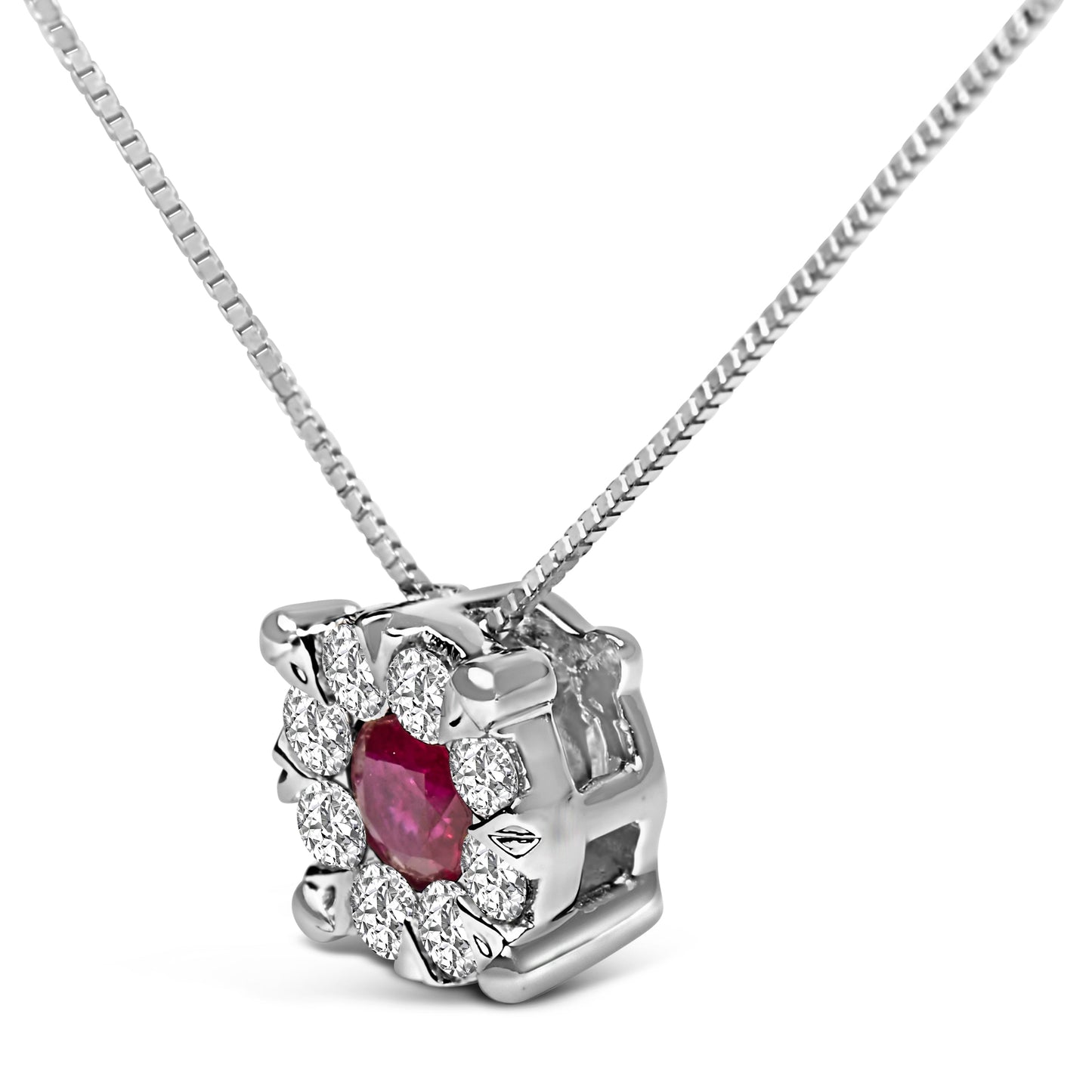 Collar con colgante de halo de oro blanco de 14 quilates con rubí rojo y diamantes de 1/3 Cttw
