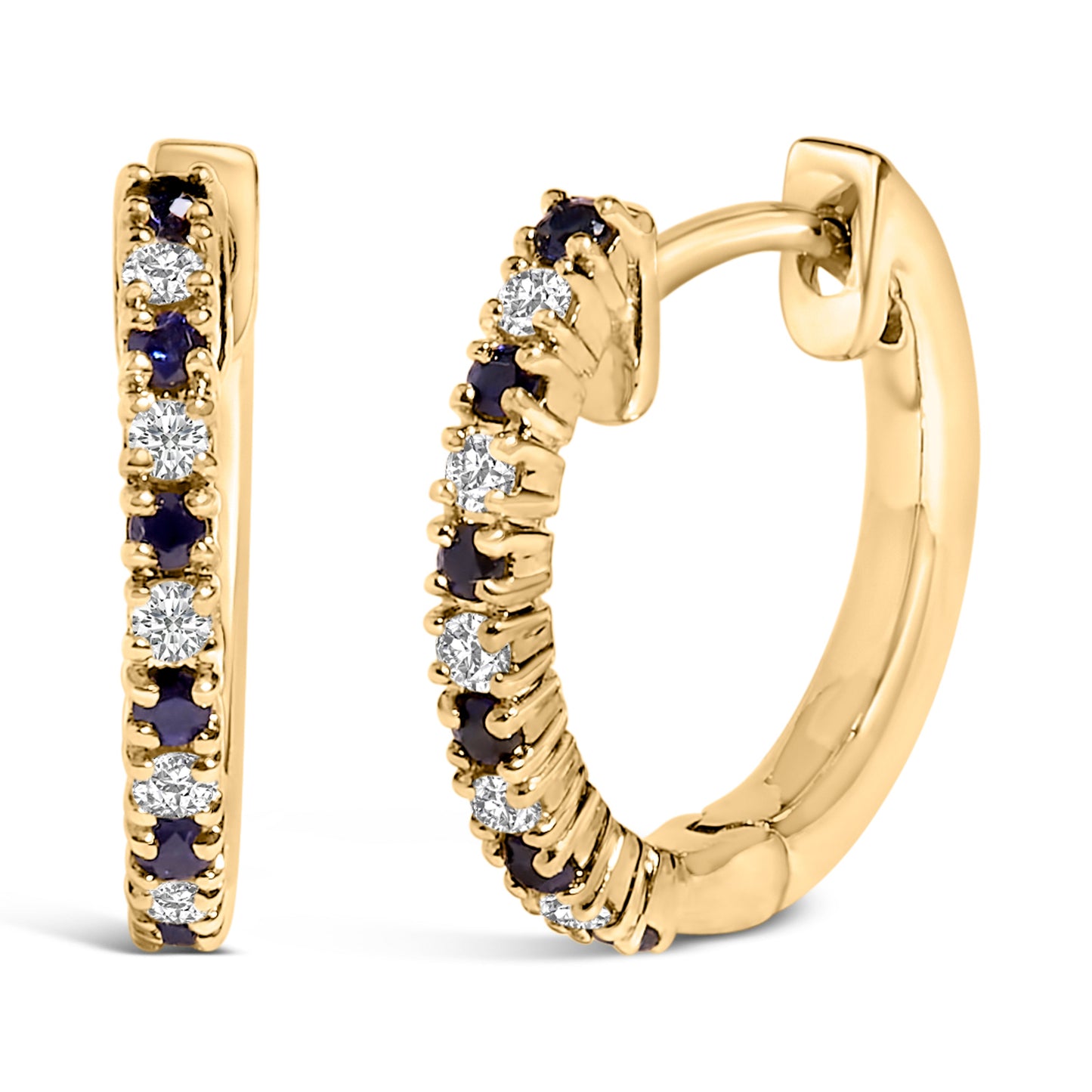 Pendientes de aro tipo "Huggy" de oro amarillo de 10K con alternancia de zafiros azules y diamantes de 1/10 Cttw (Color I-J, Claridad I1-I2)
