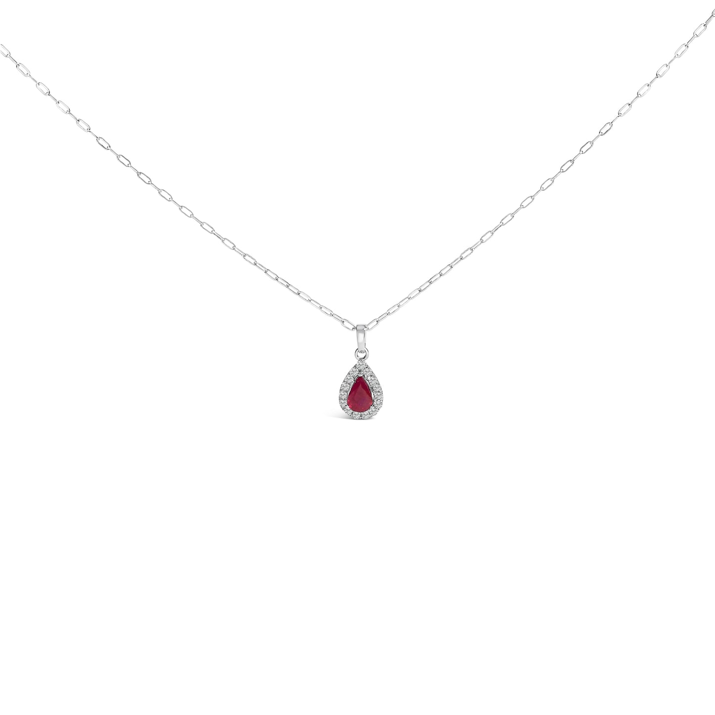 Collar con colgante de rubí rojo y diamantes de halo en forma de pera 6x4 de oro blanco de 14 quilates - 18 pulgadas