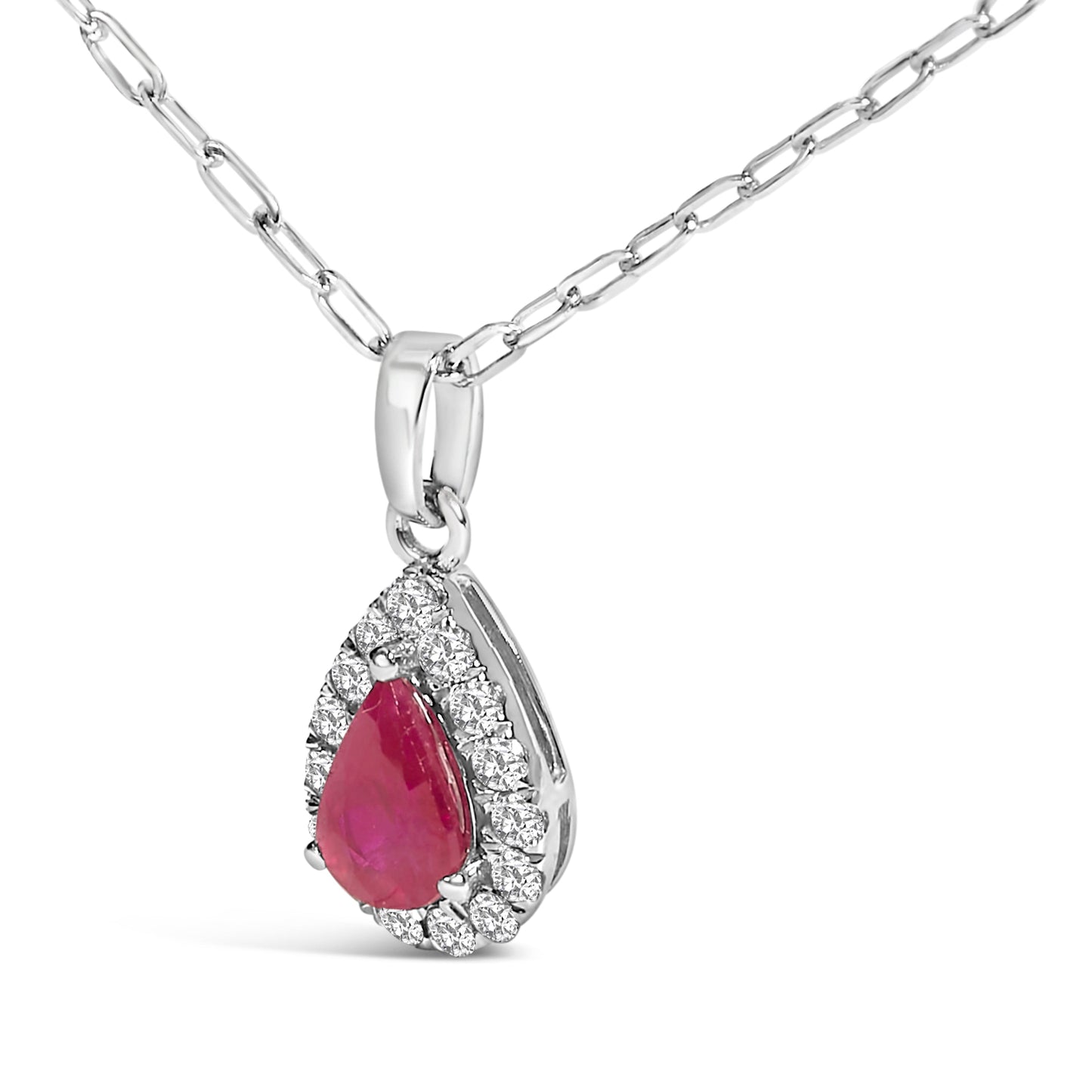 Collar con colgante de rubí rojo y diamantes de halo en forma de pera 6x4 de oro blanco de 14 quilates - 18 pulgadas