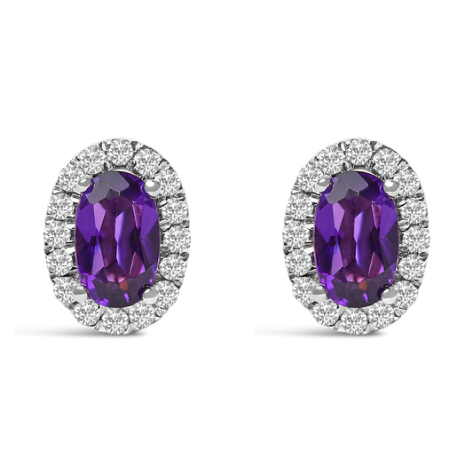 Pendientes de oro blanco de 10K con halo de amatista púrpura ovalada de 5x3 MM y diamantes (color I-J, claridad I1-I2)