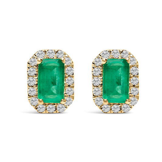 Pendientes de oro amarillo de 10K con halo octogonal de esmeralda verde talla esmeralda de 5x3 mm y diamantes de 1/7 Cttw (color I-J, claridad I1-I2)